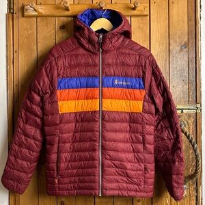 Cotopaxi Fuego Down Hoody Jacket in Red and Blue Men’s Size Small